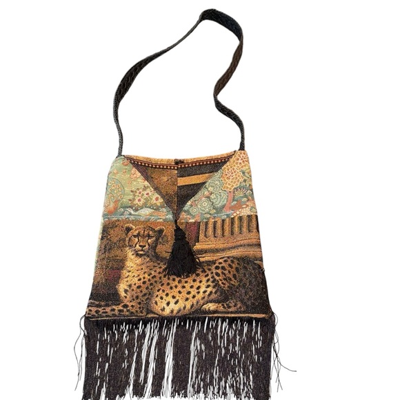 Upcycled Boho Fringe Crossbody Shoulder Bag Cheetah Handmade Reworked Crossbody - Picture 1 of 8